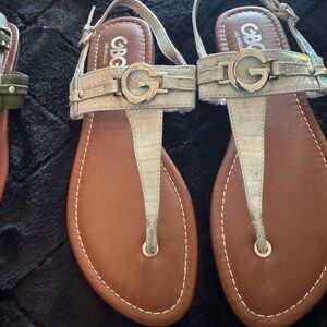 G by Guess Tan Sandals with Moccasin Stitching and Slip-On Design